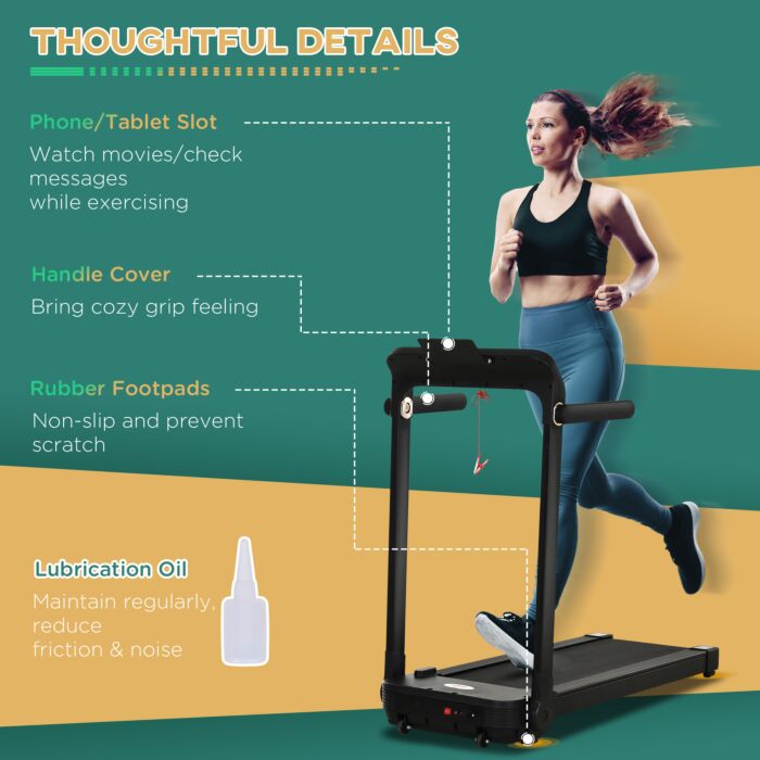 Homcom 600w Motorised Treadmill 12 Programmes 10km/h Safety Button W/ Lcd Monitor Foldable Portable Wheels Running Walking Machine Home Office Black
