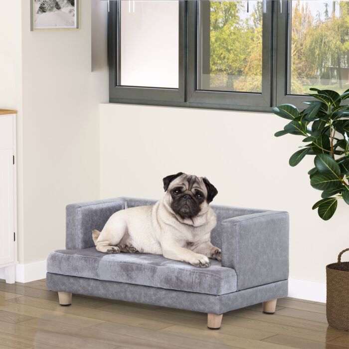 Pawhut Dog Sofa Bed For Small-sized Dogs, Elevated Pet Chair With Pu Cover, Soft Cushion, Cat Couch Lounger With Anti-slip Legs - Grey