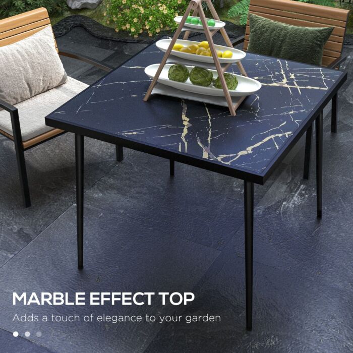 Outsunny Square Garden Table, Outdoor Dining Table For 4 With Marble Effect Tempered Glass Top And Steel Frame, Black