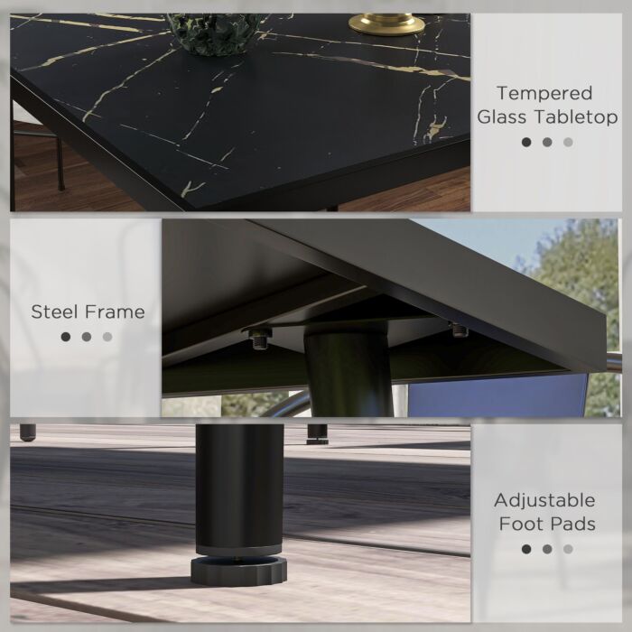 Outsunny Square Garden Table, Outdoor Dining Table For 4 With Marble Effect Tempered Glass Top And Steel Frame, Black
