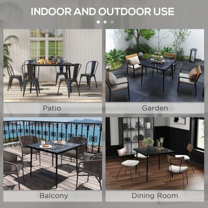 Outsunny Square Garden Table, Outdoor Dining Table For 4 With Marble Effect Tempered Glass Top And Steel Frame, Black