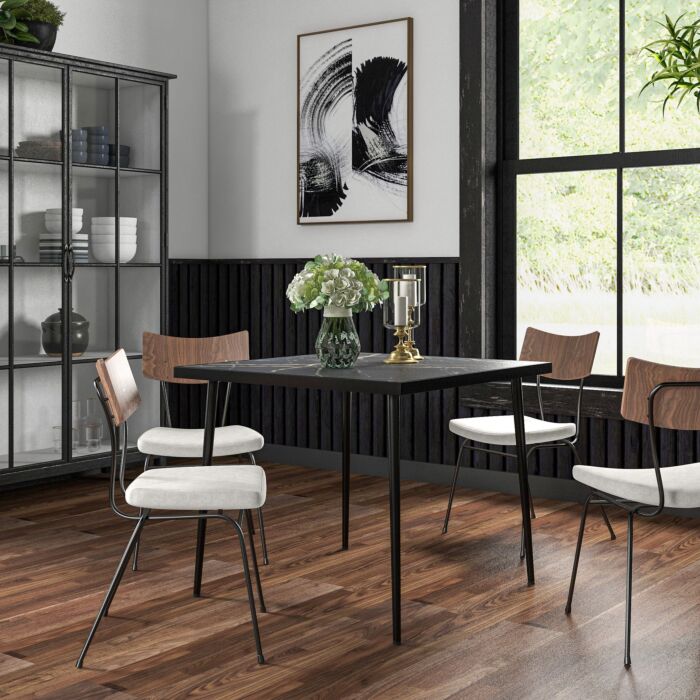 Outsunny Square Garden Table, Outdoor Dining Table For 4 With Marble Effect Tempered Glass Top And Steel Frame, Black