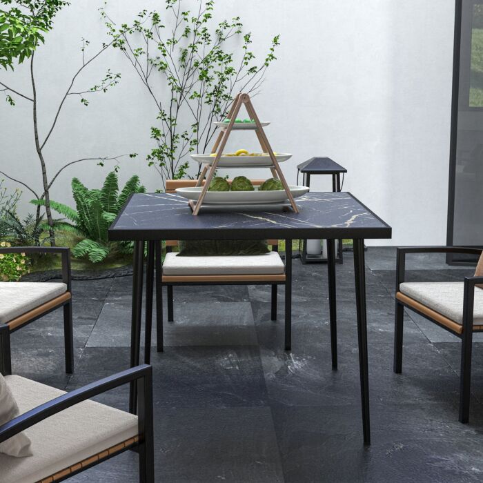Outsunny Square Garden Table, Outdoor Dining Table For 4 With Marble Effect Tempered Glass Top And Steel Frame, Black