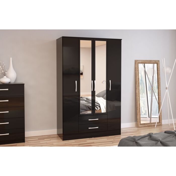 Lynx 4 Door 2 Drawer Wardrobe With Mirror Black