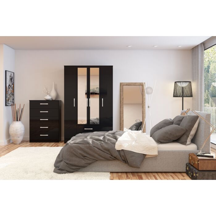 Lynx 4 Door 2 Drawer Wardrobe With Mirror Black