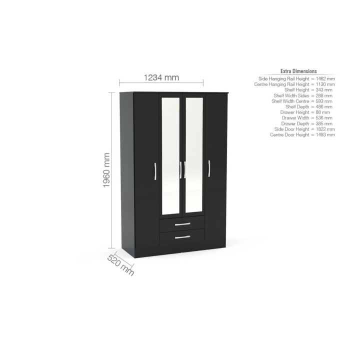 Lynx 4 Door 2 Drawer Wardrobe With Mirror Black
