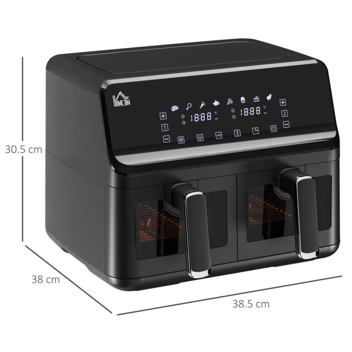 Homcom Family Air Fryer, 8l Double Air Fryer Oven W/ 8 Presets, Digital Display, Recipe Cookbook, 60min Timer For Oil Free & Low Fat, 2500w, Black