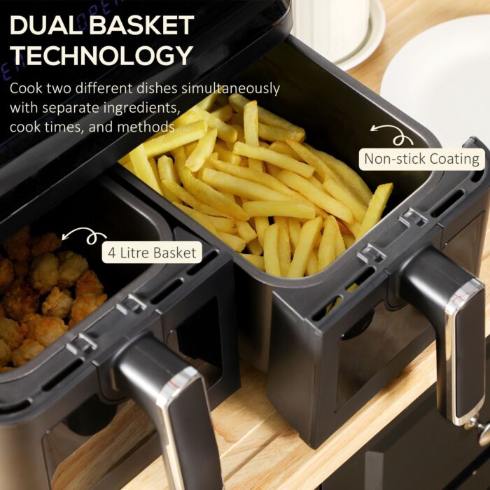 Homcom Family Air Fryer, 8l Double Air Fryer Oven W/ 8 Presets, Digital Display, Recipe Cookbook, 60min Timer For Oil Free & Low Fat, 2500w, Black