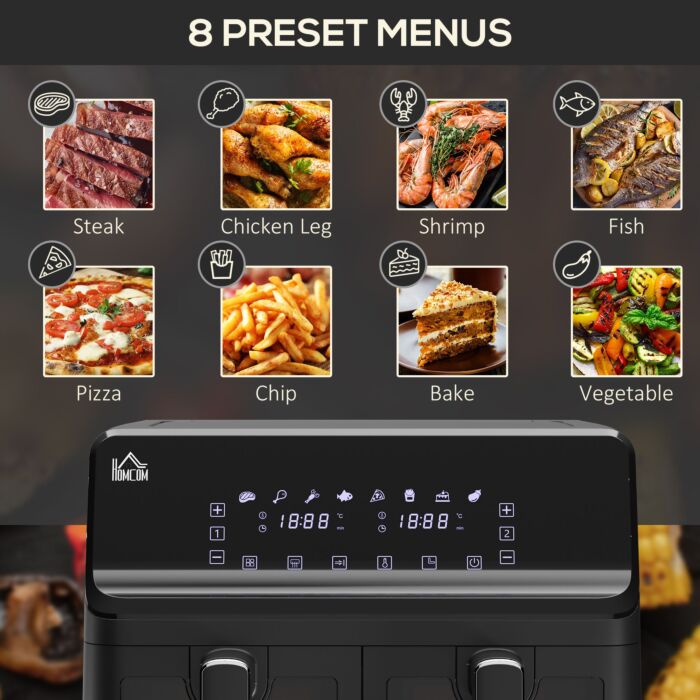 Homcom Family Air Fryer, 8l Double Air Fryer Oven W/ 8 Presets, Digital Display, Recipe Cookbook, 60min Timer For Oil Free & Low Fat, 2500w, Black