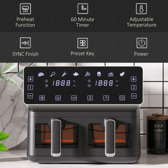Homcom Family Air Fryer, 8l Double Air Fryer Oven W/ 8 Presets, Digital Display, Recipe Cookbook, 60min Timer For Oil Free & Low Fat, 2500w, Black