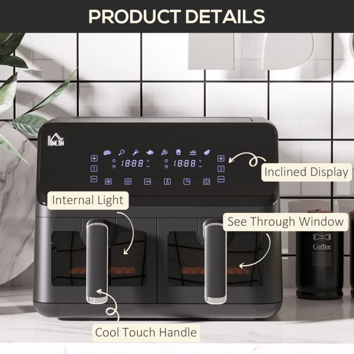 Homcom Family Air Fryer, 8l Double Air Fryer Oven W/ 8 Presets, Digital Display, Recipe Cookbook, 60min Timer For Oil Free & Low Fat, 2500w, Black