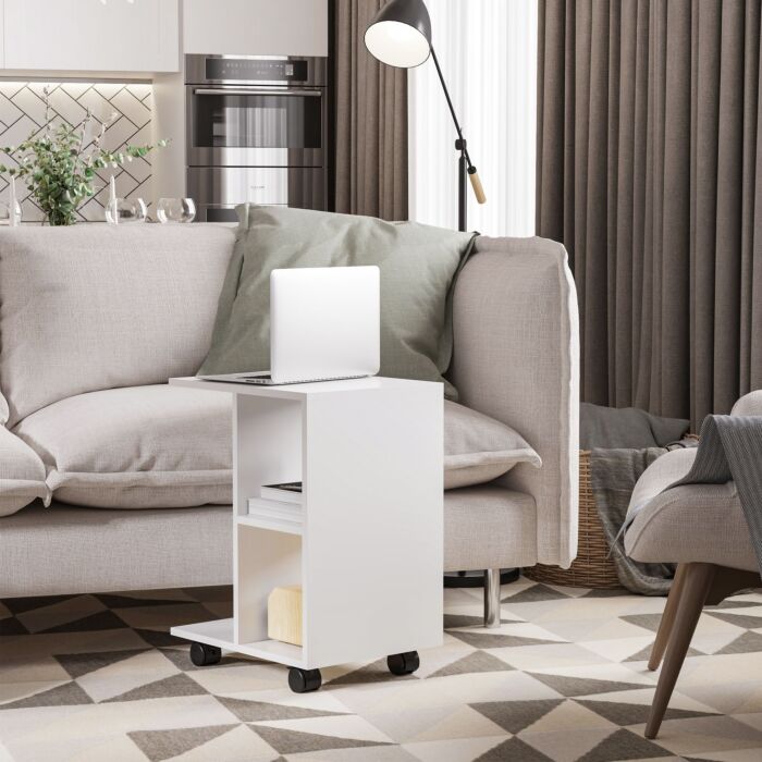 Homcom C-shape End Table Unique Storage Unit W/ 2 Shelves 4 Wheels Freestanding Home Office Furniture Cabinet Square Studio White