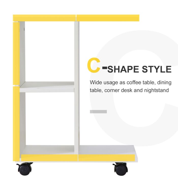 Homcom C-shape End Table Unique Storage Unit W/ 2 Shelves 4 Wheels Freestanding Home Office Furniture Cabinet Square Studio White