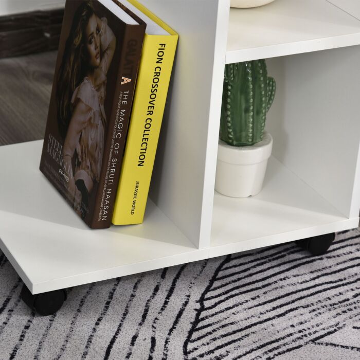 Homcom C-shape End Table Unique Storage Unit W/ 2 Shelves 4 Wheels Freestanding Home Office Furniture Cabinet Square Studio White