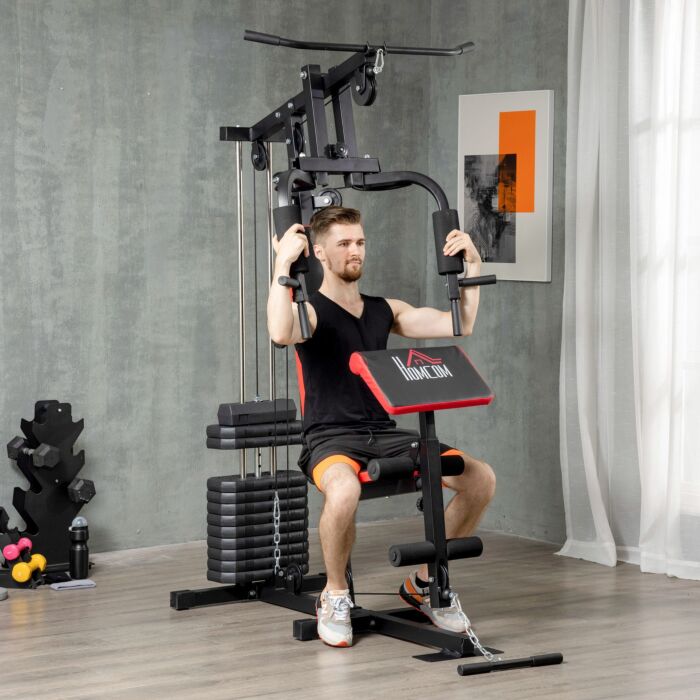 Homcom Multi Gym With Weights, Multifunction Home Gym Machine With 66kg Weight Stack For Full Body Workout And Strength Training, Red