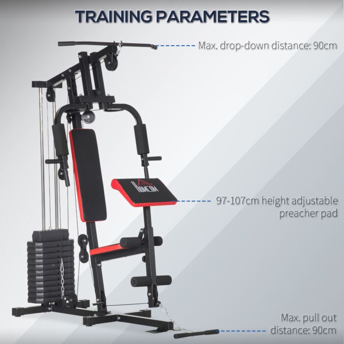Homcom Multi Gym With Weights, Multifunction Home Gym Machine With 66kg Weight Stack For Full Body Workout And Strength Training, Red