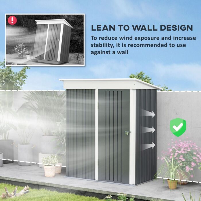 Outsunny Metal Garden Shed, Outdoor Lean-to Shed For Tool Motor Bike, With Adjustable Shelf, Lock, Gloves, 5'x3'x6', Dark Grey