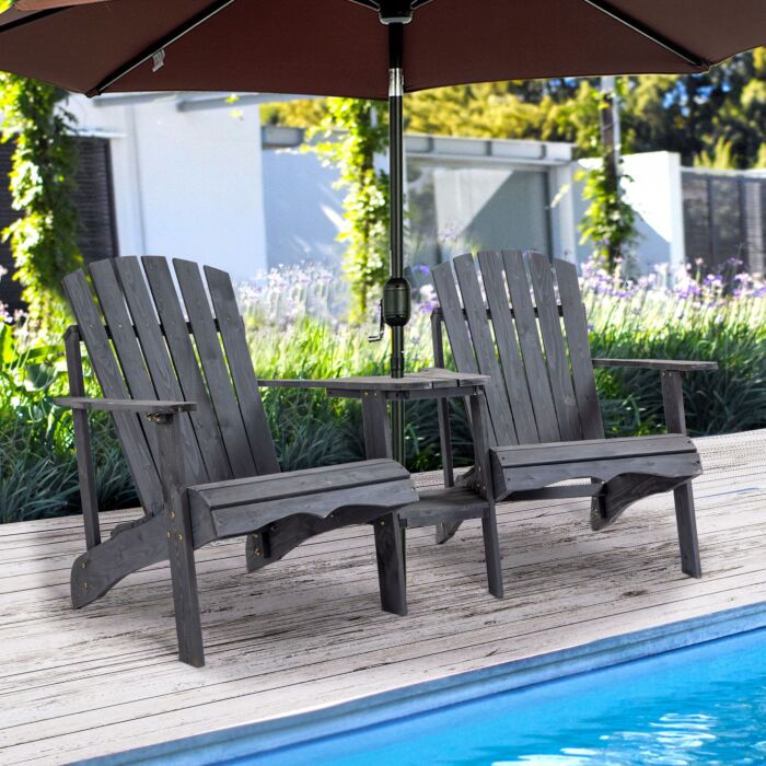 Outsunny Wooden Outdoor Double Adirondack Chairs Loveseat W/ Center Table And Umbrella Hole Grey
