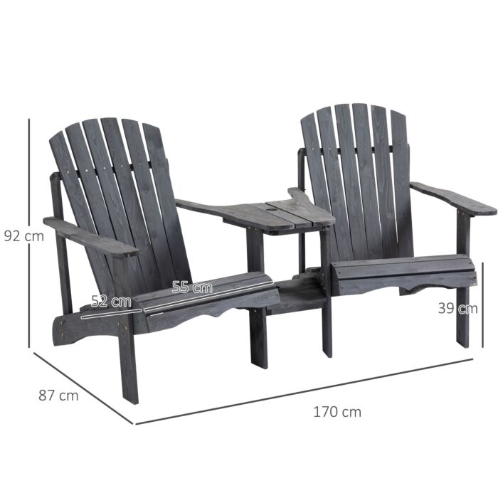 Outsunny Wooden Outdoor Double Adirondack Chairs Loveseat W/ Center Table And Umbrella Hole Grey