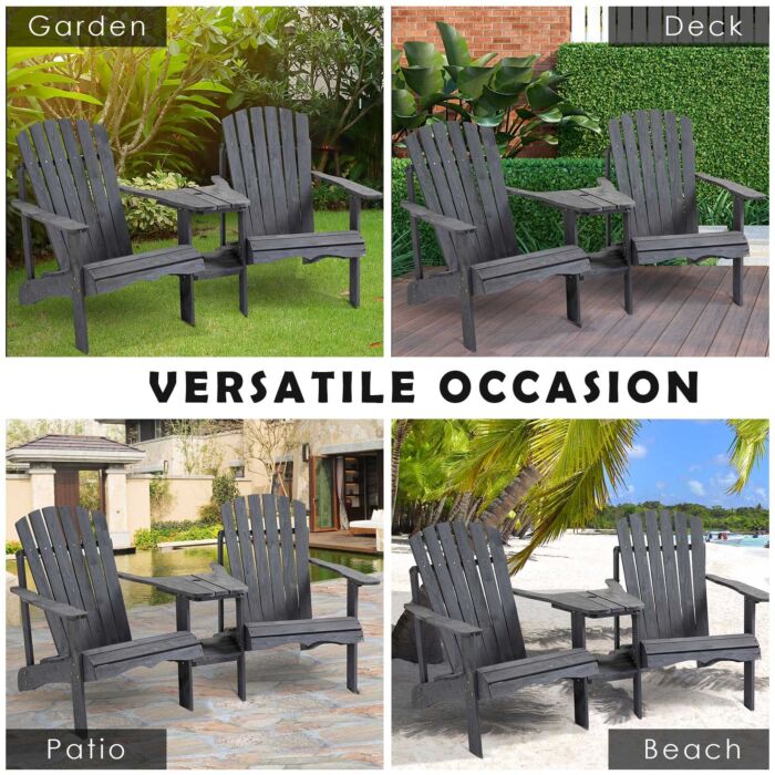 Outsunny Wooden Outdoor Double Adirondack Chairs Loveseat W/ Center Table And Umbrella Hole Grey