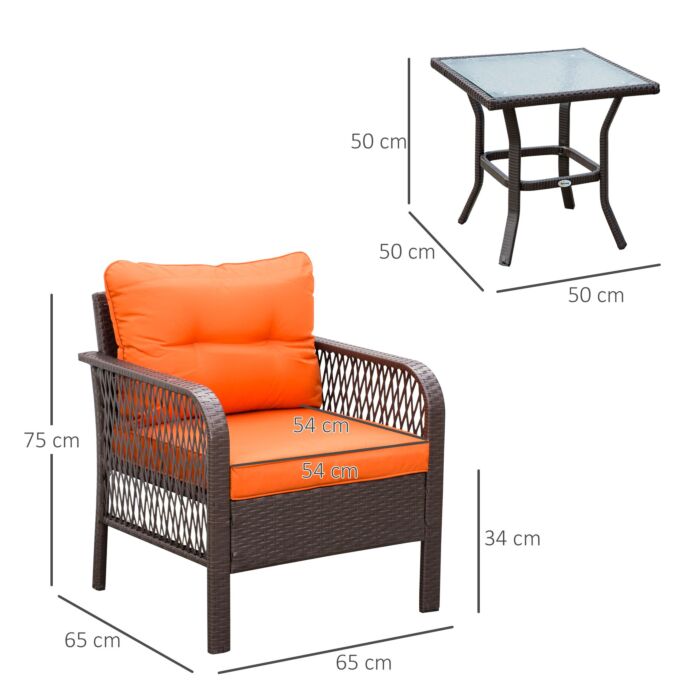 Outsunny 3 Pieces Patio Pe Rattan Bistro Set, Outdoor Wicker Coffee Table Armrest Chairs Thick Padded Conversation Furniture For Garden Orange