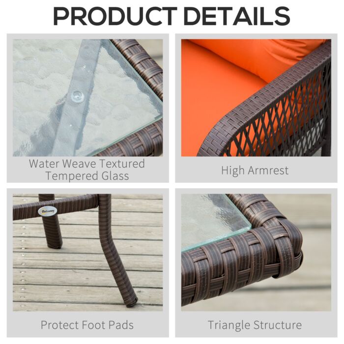 Outsunny 3 Pieces Patio Pe Rattan Bistro Set, Outdoor Wicker Coffee Table Armrest Chairs Thick Padded Conversation Furniture For Garden Orange