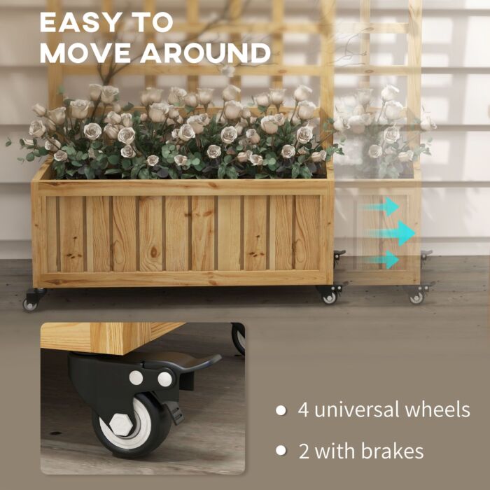 Outsunny Wooden Trellis Planter, Raised Garden Bed With Wheels And Bed Liner, To Climb And Grow Vegetables, Herbs And Flowers