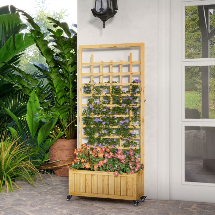 Outsunny Wooden Trellis Planter, Raised Garden Bed With Wheels And Bed Liner, To Climb And Grow Vegetables, Herbs And Flowers