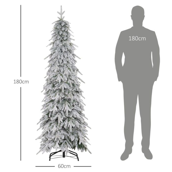 Homcom 6ft Pencil Artificial Christmas Tree, Snow Flocked Xmas Tree With Downswept Branches And 600 Tips, Auto Open, Steel Base, Holiday Decoration For Home Office, Green