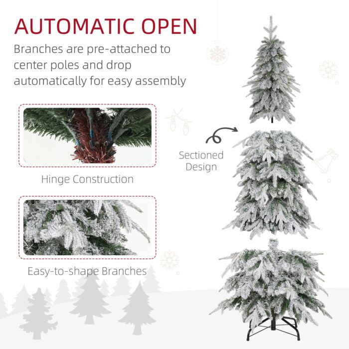 Homcom 6ft Pencil Artificial Christmas Tree, Snow Flocked Xmas Tree With Downswept Branches And 600 Tips, Auto Open, Steel Base, Holiday Decoration For Home Office, Green