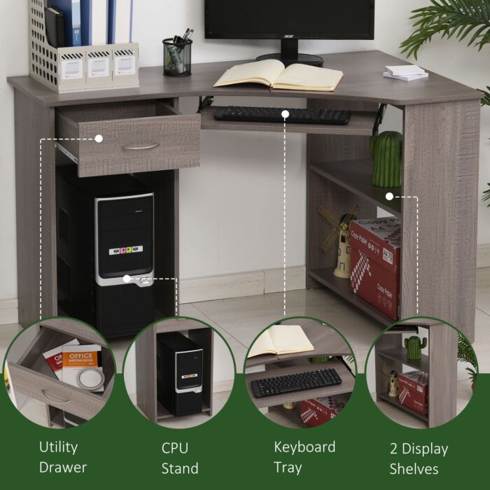 Homcom L-shaped Corner Computer Desk W/ 2 Shelves Wide Worktop Keyboard Tray Drawer & Cpu Stand Home Office Study Bedroom Furniture Grey