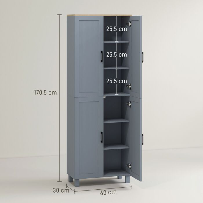Homcom Freestanding Kitchen Cupboard, 4-door Storage Cabinet With Adjustable Shelves, Modern Kitchen Pantry For Dining Room, 170cm, Grey Wood Effect