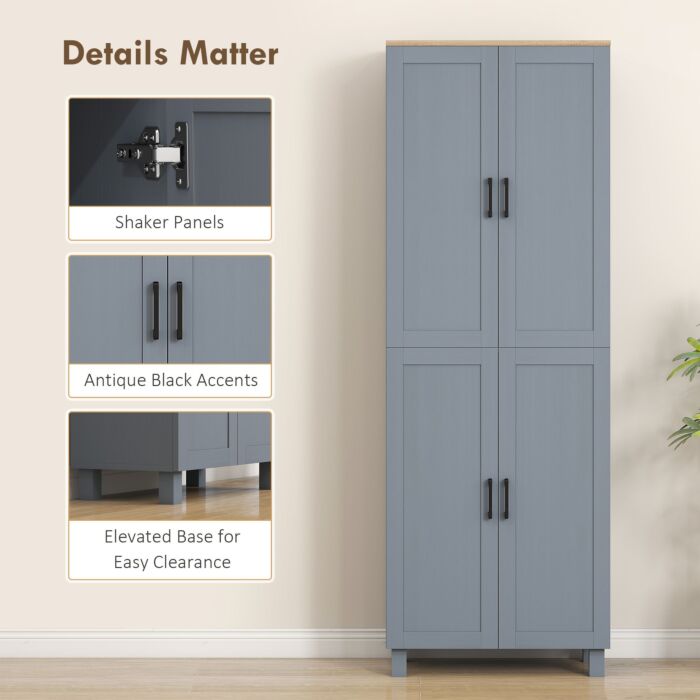 Homcom Freestanding Kitchen Cupboard, 4-door Storage Cabinet With Adjustable Shelves, Modern Kitchen Pantry For Dining Room, 170cm, Grey Wood Effect
