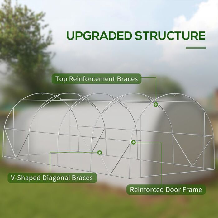 Outsunny 6 X 3(m) Polytunnel Greenhouse With Upgraded Structure, Mesh Door And Windows, 15 Plant Labels, White