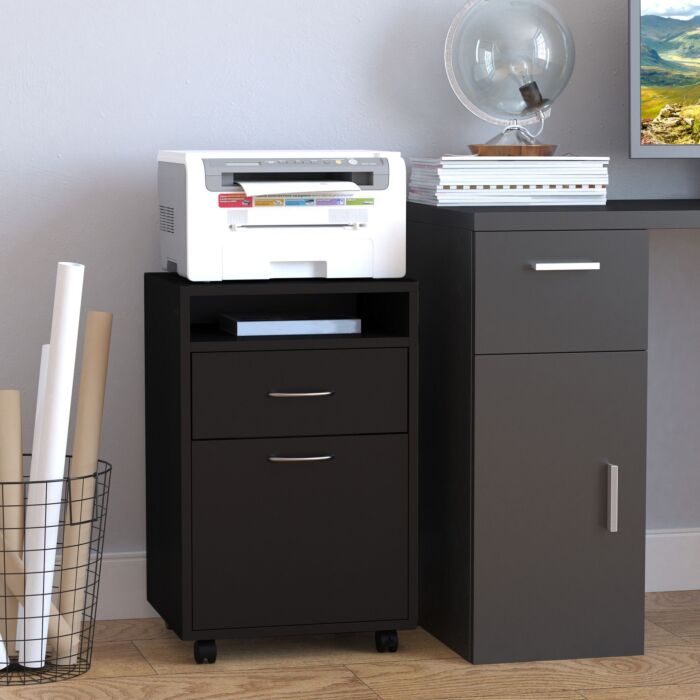 Homcom 60cm Storage Cabinet W/ Drawer Open Shelf Metal Handles 4 Wheels Office Home Organiser Mobile Printer Black