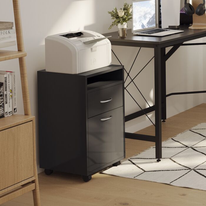 Homcom 60cm Storage Cabinet W/ Drawer Open Shelf Metal Handles 4 Wheels Office Home Organiser Mobile Printer Black