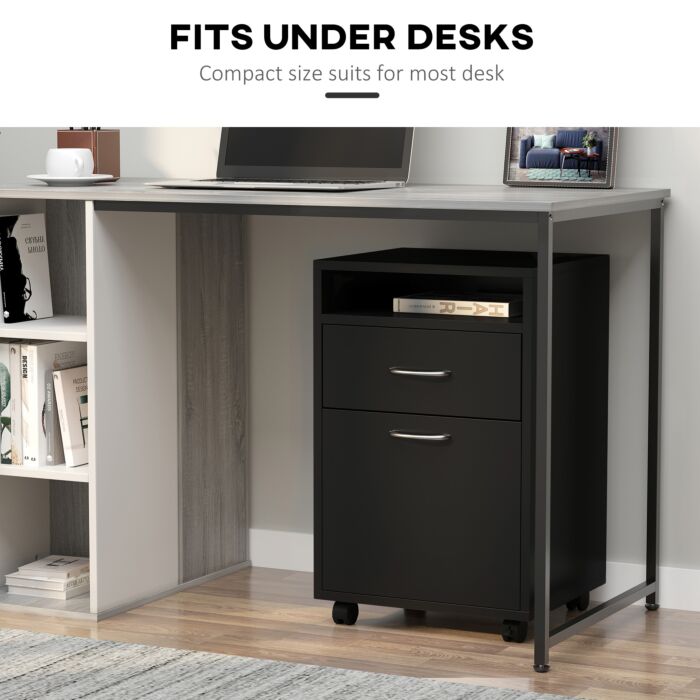Homcom 60cm Storage Cabinet W/ Drawer Open Shelf Metal Handles 4 Wheels Office Home Organiser Mobile Printer Black