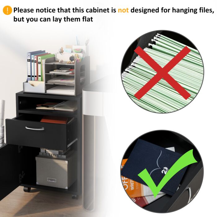 Homcom 60cm Storage Cabinet W/ Drawer Open Shelf Metal Handles 4 Wheels Office Home Organiser Mobile Printer Black