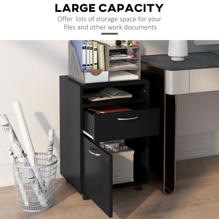 Homcom 60cm Storage Cabinet W/ Drawer Open Shelf Metal Handles 4 Wheels Office Home Organiser Mobile Printer Black