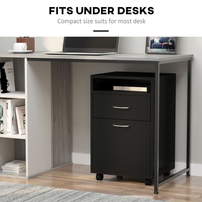 Homcom 60cm Storage Cabinet W/ Drawer Open Shelf Metal Handles 4 Wheels Office Home Organiser Mobile Printer Black