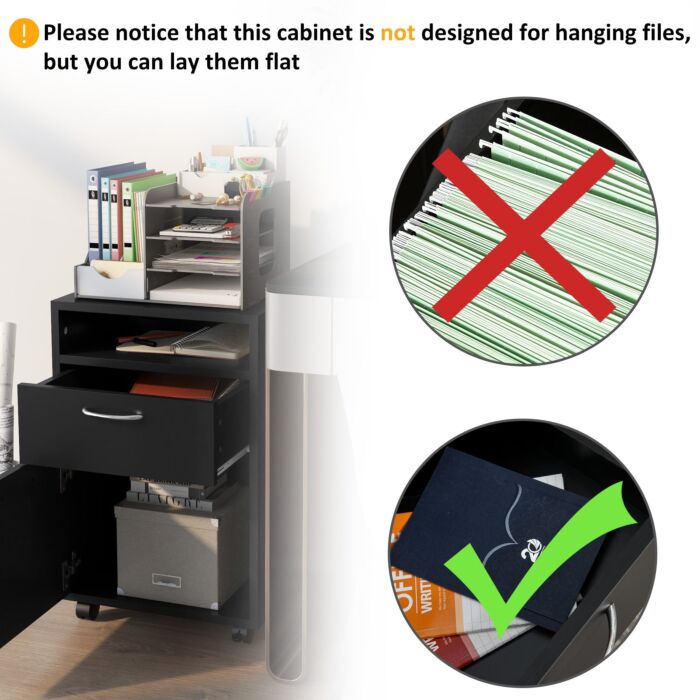 Homcom 60cm Storage Cabinet W/ Drawer Open Shelf Metal Handles 4 Wheels Office Home Organiser Mobile Printer Black
