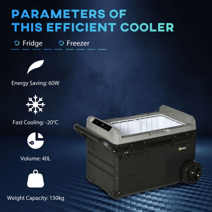 Outsunny 40l Car Refrigerator, Portable Compressor Cooler Box, Fridge Freezer W/ Inner Led Light & Foldable Handles, 12/24v Dc And 110-240v Ac