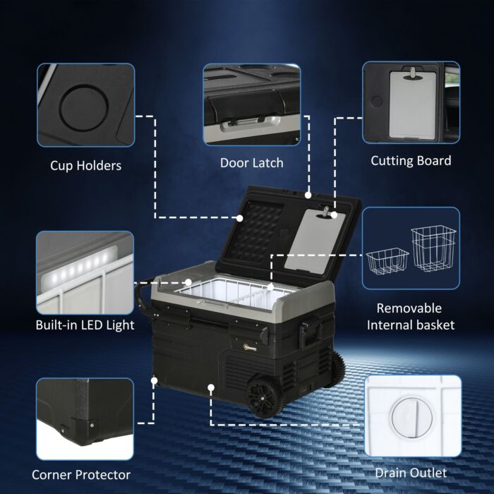 Outsunny 40l Car Refrigerator, Portable Compressor Cooler Box, Fridge Freezer W/ Inner Led Light & Foldable Handles, 12/24v Dc And 110-240v Ac