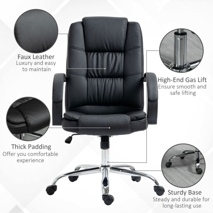 Vinsetto High Back Swivel Chair, Pu Leather Executive Office Chair With Padded Armrests, Adjustable Height, Tilt Function, Black