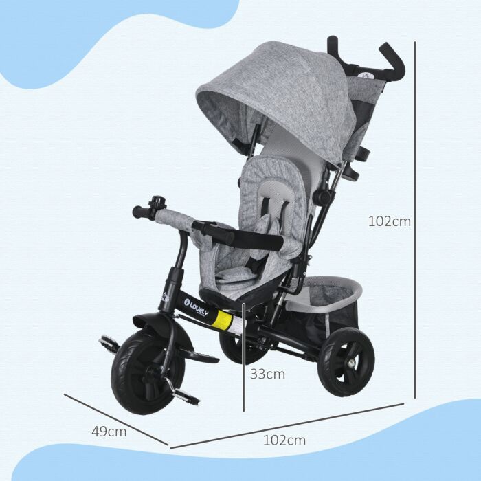 Homcom 4 In 1 Kids Trike Push Bike W/ Push Handle, Canopy, 5-point Safety Belt, Storage, Footrest, Brake, For 1-5 Years, Grey