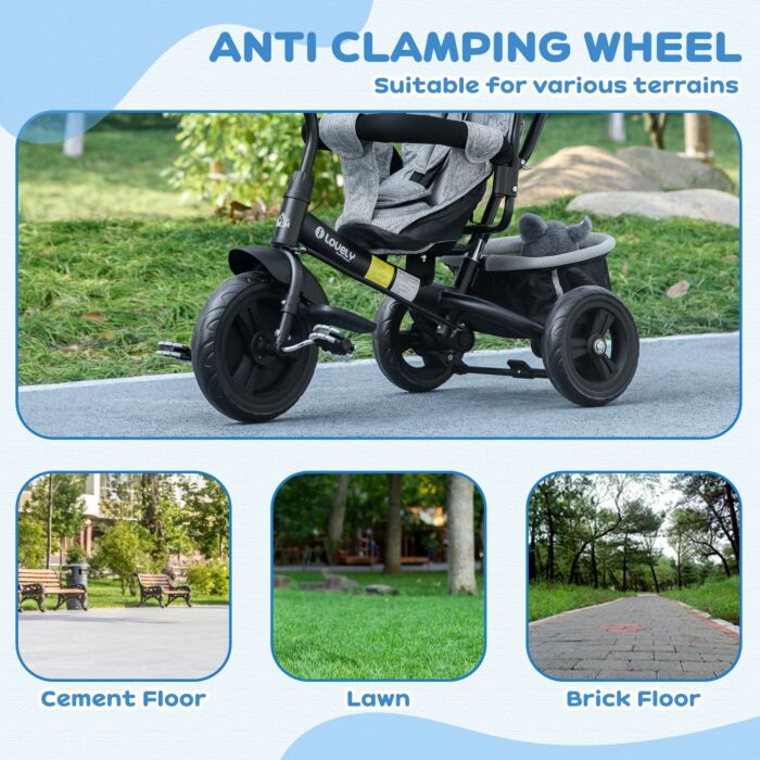 Homcom 4 In 1 Kids Trike Push Bike W/ Push Handle, Canopy, 5-point Safety Belt, Storage, Footrest, Brake, For 1-5 Years, Grey