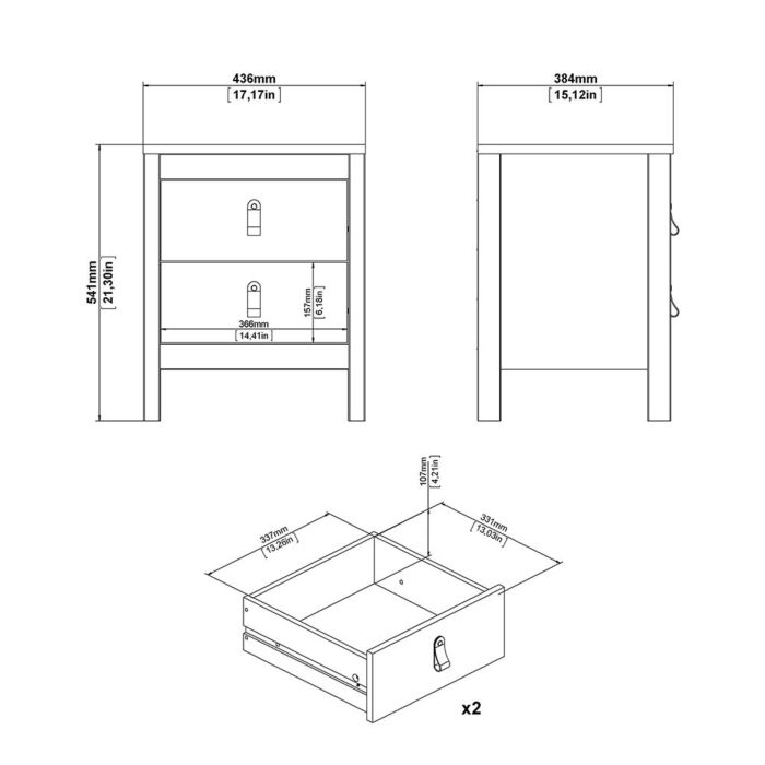 Barcelona 3 Piece Bundle, Bedside, Chest And 2 Door Wardrobe In White