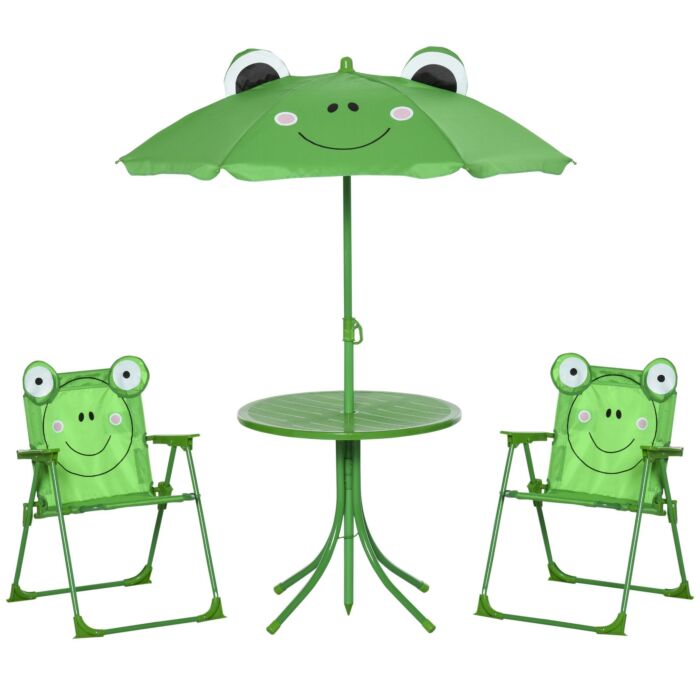 Outsunny Kids Folding Picnic Table And Chair Set Frog Pattern With Removable & Height Adjustable Sun Umbrella, Green