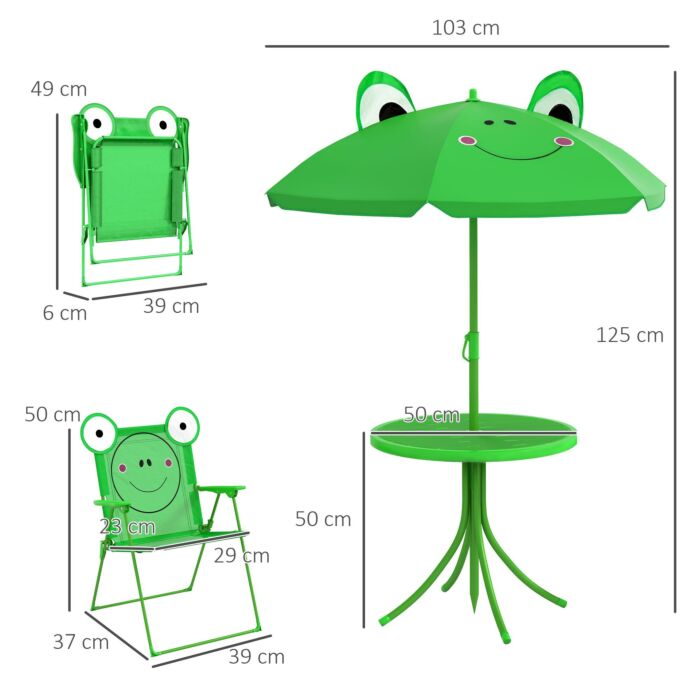 Outsunny Kids Folding Picnic Table And Chair Set Frog Pattern With Removable & Height Adjustable Sun Umbrella, Green