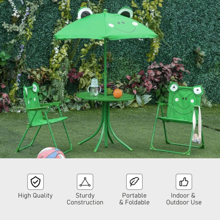 Outsunny Kids Folding Picnic Table And Chair Set Frog Pattern With Removable & Height Adjustable Sun Umbrella, Green